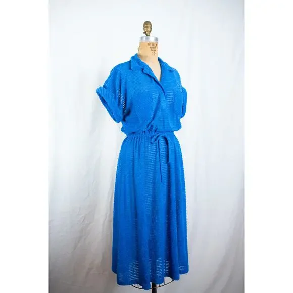Vintage 70s Royal Blue Terry Cloth Textured Midi Dress, Indie Mod Retro, Small - Picture 9 of 10